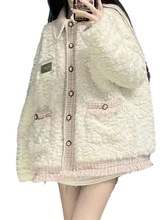 2023冬季新款粉色小香风拼接羊羔毛外套棉服女加厚感加绒棉衣