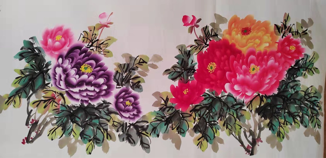 纯手工牡丹横幅画心现代简动物画高清纯手绘宣纸画芯