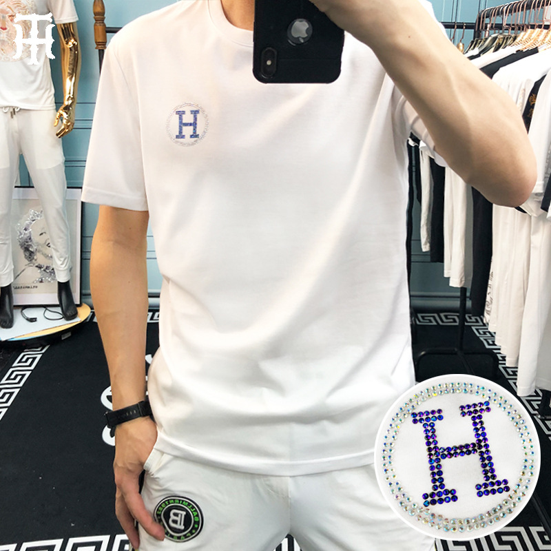 短袖男欧美潮牌欧洲站男装h烫钻圆领修身丝光棉体恤衫欧货男士t恤