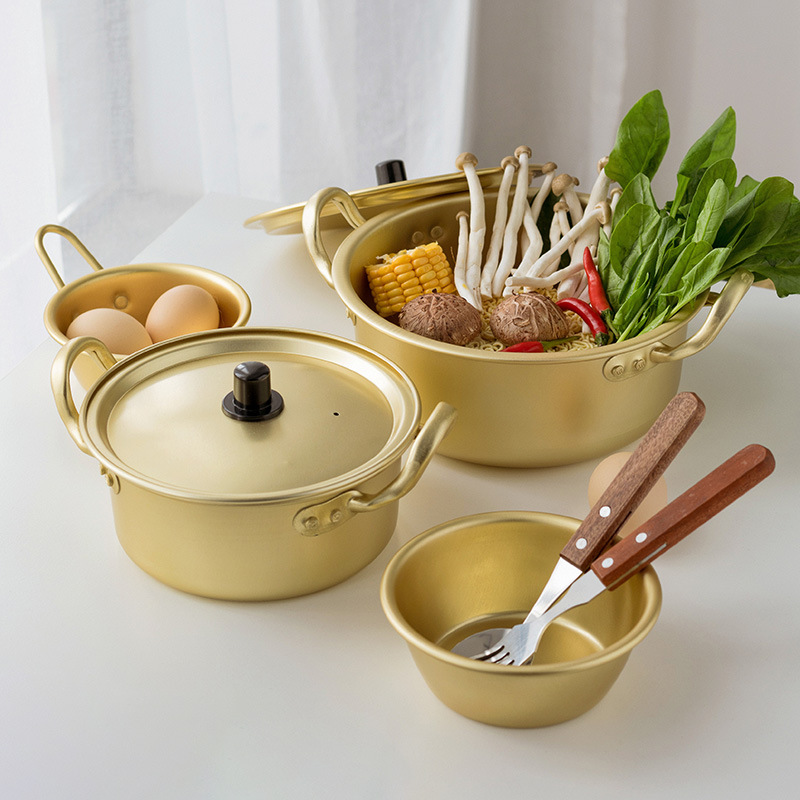 一人食网红韩式黄铝泡面锅拉面小煮锅可爱韩国双耳汤锅家用燃气火