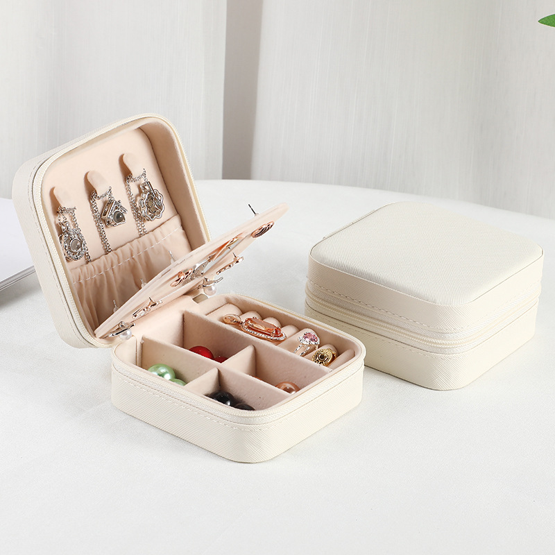 Jewelry Box Minimalist Mirror Pu Jewelry Box Travel Portable Ear Stud Necklace Storage Box in Stock Wholesale