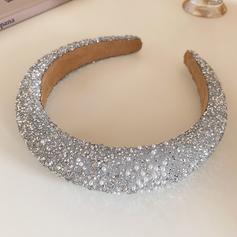 Korean New Sparkling Full Rhinestone Pearl Sponge Headband Affordable Luxury Fashion High Skull Top Headband Niche High Sense Hair Accessories