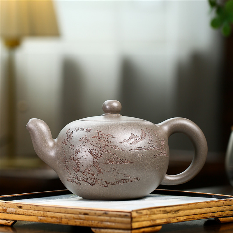 宜兴名家原矿高温天青泥紫砂壶纯手工刻绘 一粒珠大品泡茶壶茶具