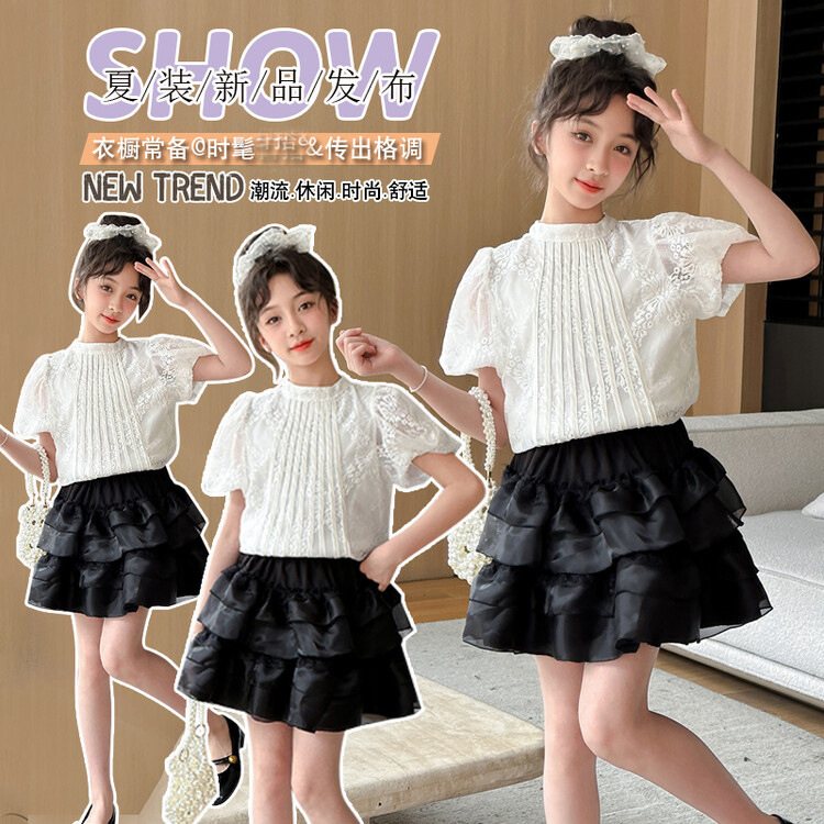 跨境代发织里童装大童女衣服蕾丝上衣甜美温柔气质女童半身裙套装