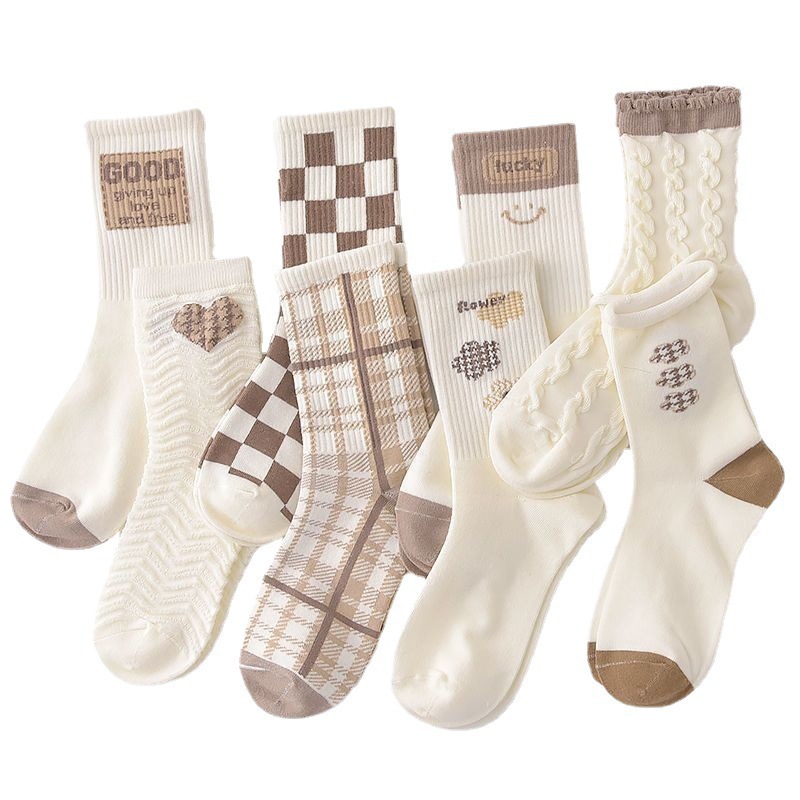 Socks Women's Mid Tube Stockings Autumn and Winter White Japanese Style Stripe Plaid Ins Trendy Students' Socks Long Socks