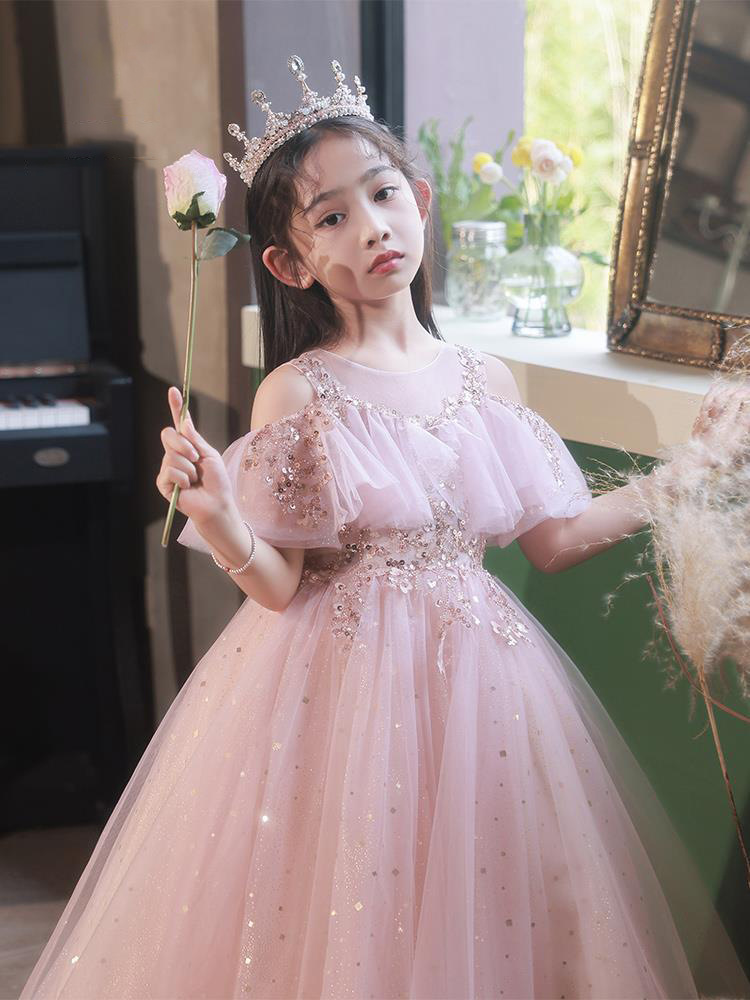 儿童主持人生日公主裙女童钢琴演出服粉色花童婚礼小女孩礼服秋季