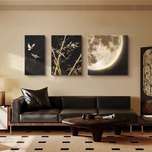 中古风客厅装饰画高级感月球沙发背景墙挂画竹子画立体极简壁画灯