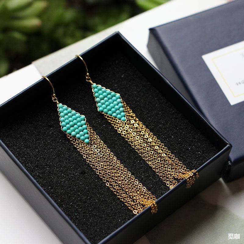 天然湖北原矿绿松石高瓷蓝玉化流苏款耳坠松石美国进口14k包金女