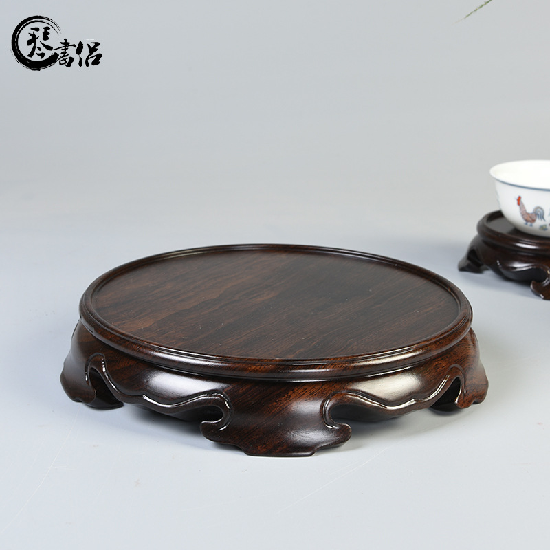 黑檀木整料雕刻光板圆形底座实木花瓶底座茶壶底座香炉底座木托垫
