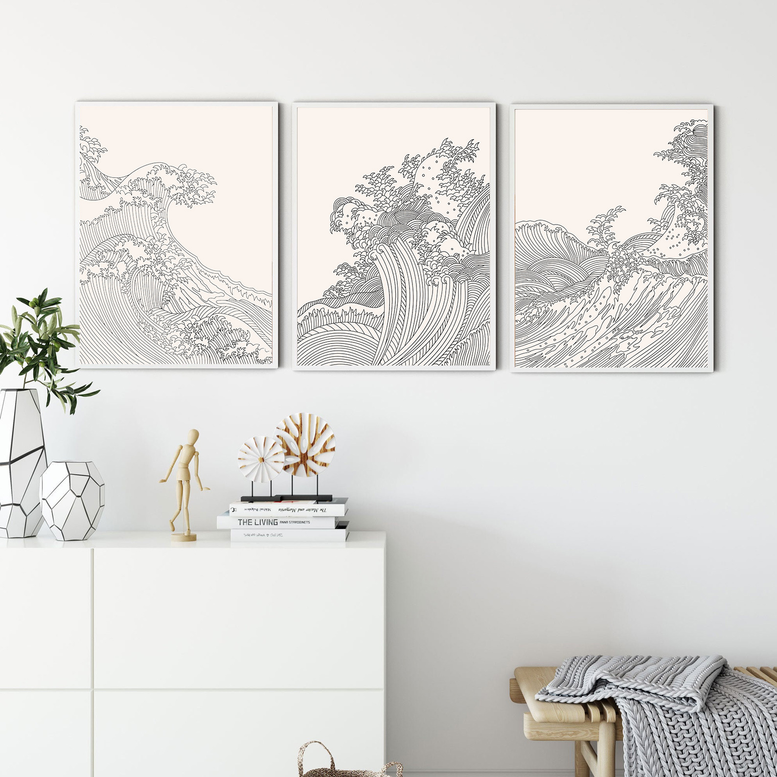 简约北欧抽象黑白线条大海海浪日式客厅海报装饰画图片画芯喷绘
