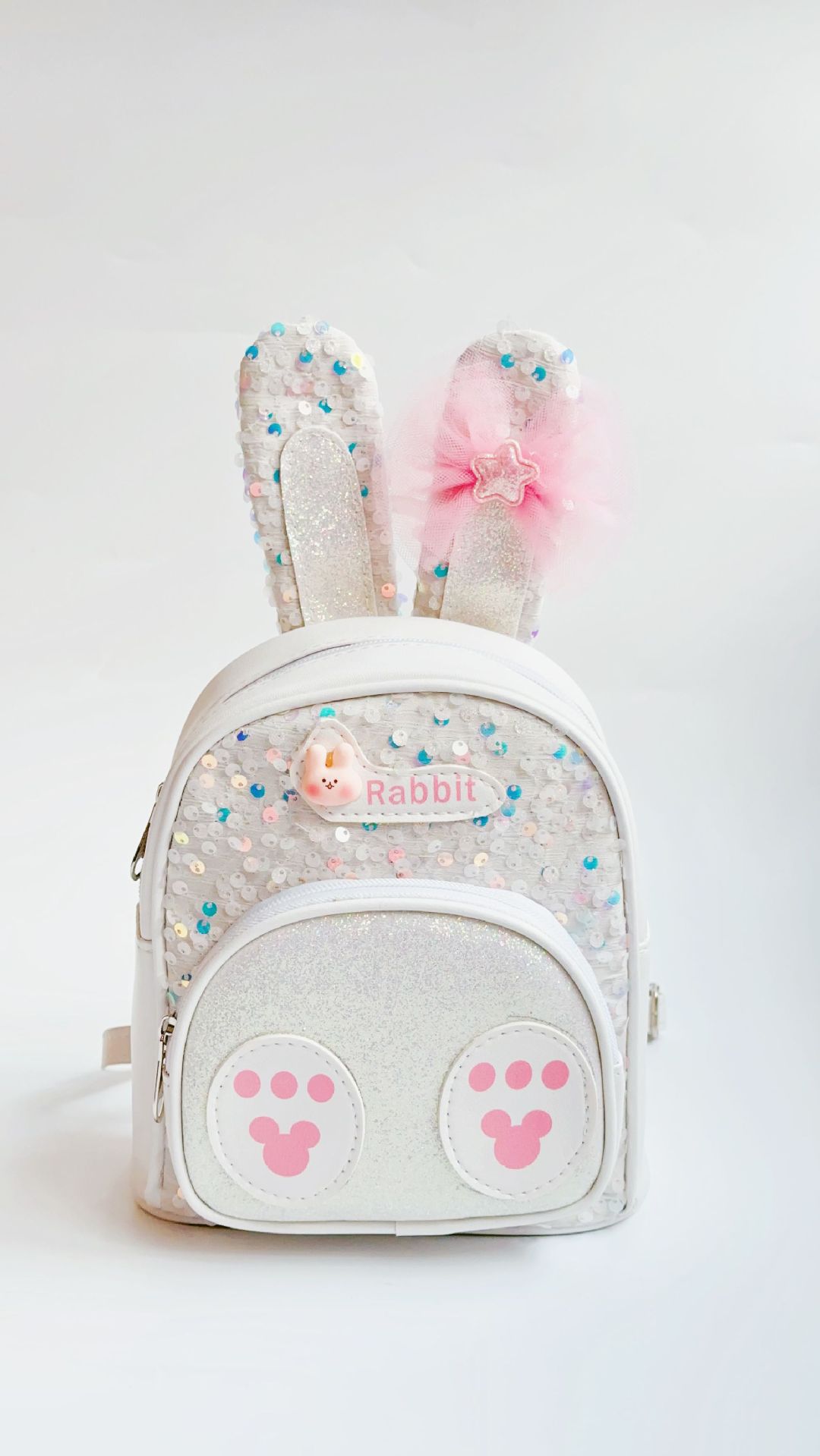 Factory Direct Sales Korean Style Sequined Rabbit Ears Backpack Cartoon Bow Printed Feet Backpack Primary School Student Schoolbag