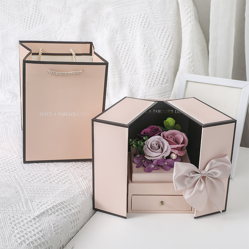 Pink Double Door Soap Flower Drawer Gift Box Women's Day Teacher's Day 520 Qixi Valentine's Day Gift Preserved Fresh Flower