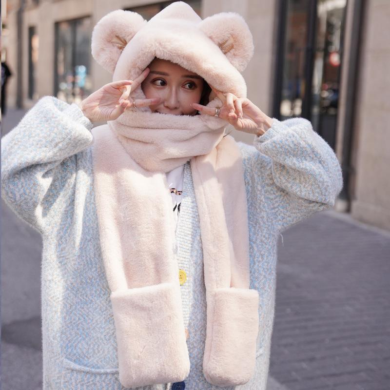 Autumn and Winter New Cute Bear Ear Scarf Female Thickened Fleece Warm Gloves Hat Scarf Integrated Three-Piece Set