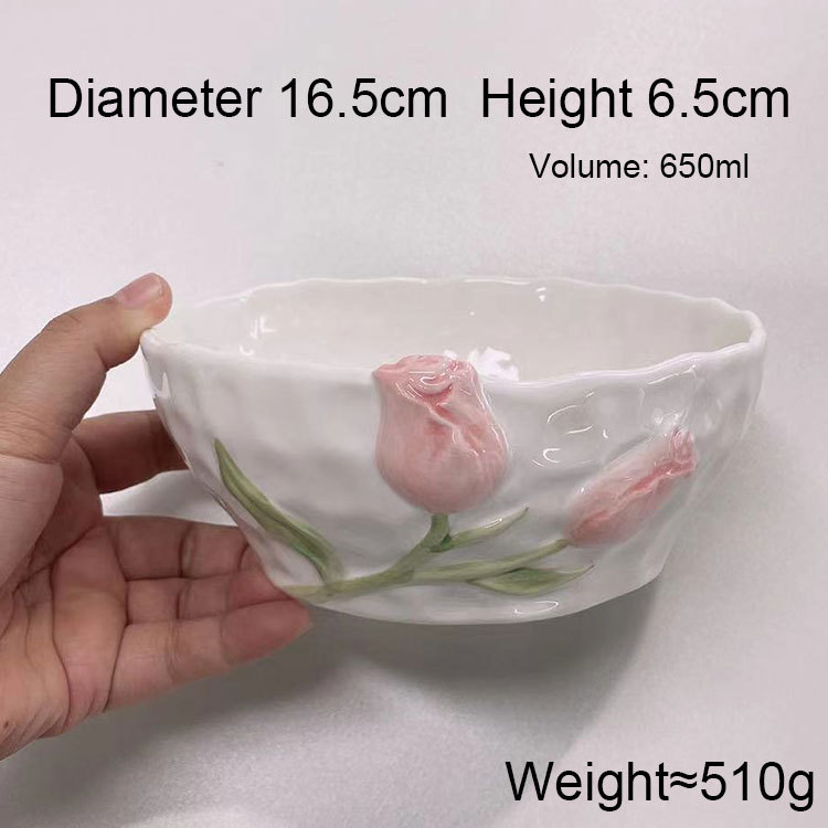 Tulip Ceramic Bowl Dish Household Tableware Korean Three-Dimensional Relief Cup Girl Milk Coffee Cup Cake Dessert Plate