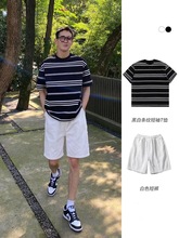 日系黑白条纹t恤男夏季新款宽松休闲套装短袖半袖体恤百搭上衣服