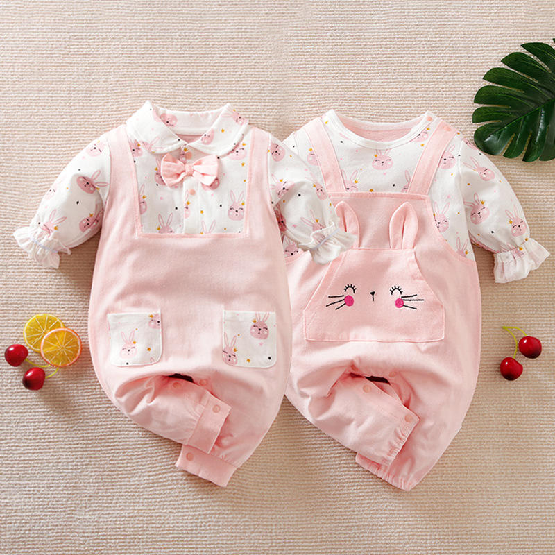 婴儿连体百天衣服 女宝宝满月爬服春秋新生儿粉色可爱哈衣外贸