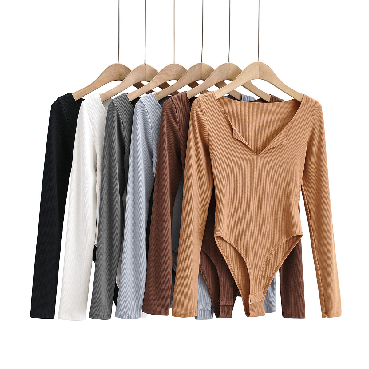 春季新款欧美女装时尚纯色毛边v领长袖修身连体衣l1762