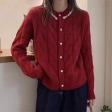 新年红色加厚毛衣外套女秋冬设计感钉珠领麻花针织开衫软糯羊绒衫