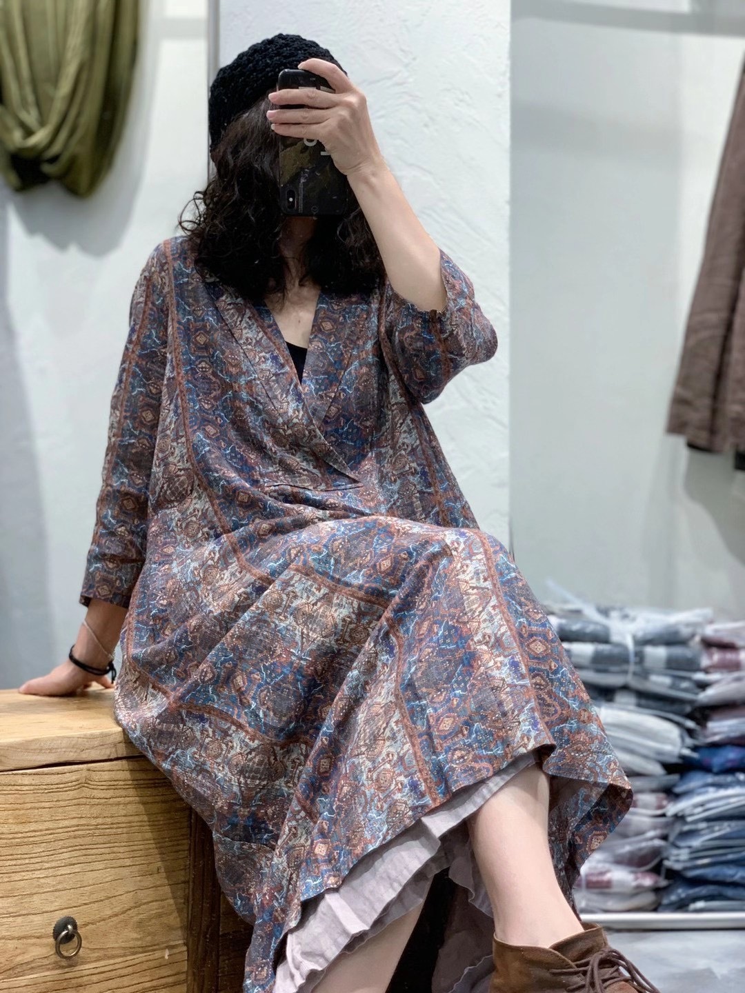 木易初见 春装新 原创小众女装苎麻 波普风印花苎麻连衣裙风衣款