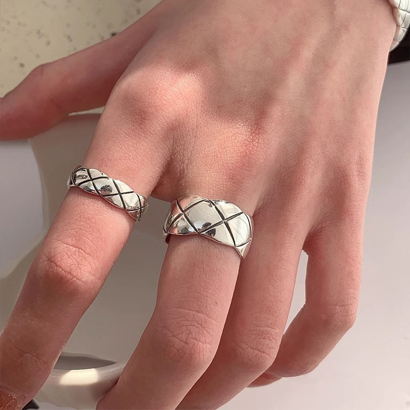 s925纯银菱格纹粗细款戒指女ins小众设计高级感时髦简约开口指环