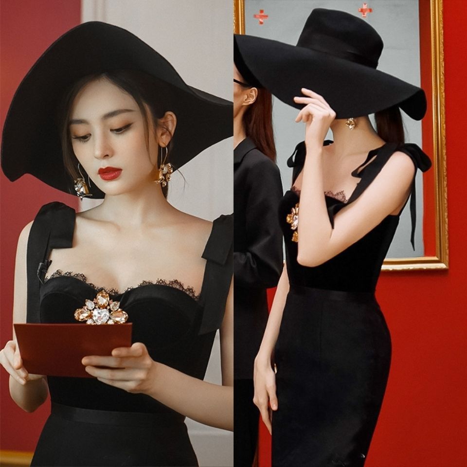 明星古力娜扎同款黑色吊带连衣裙女夏设计感镶钻蕾丝修身礼服裙子