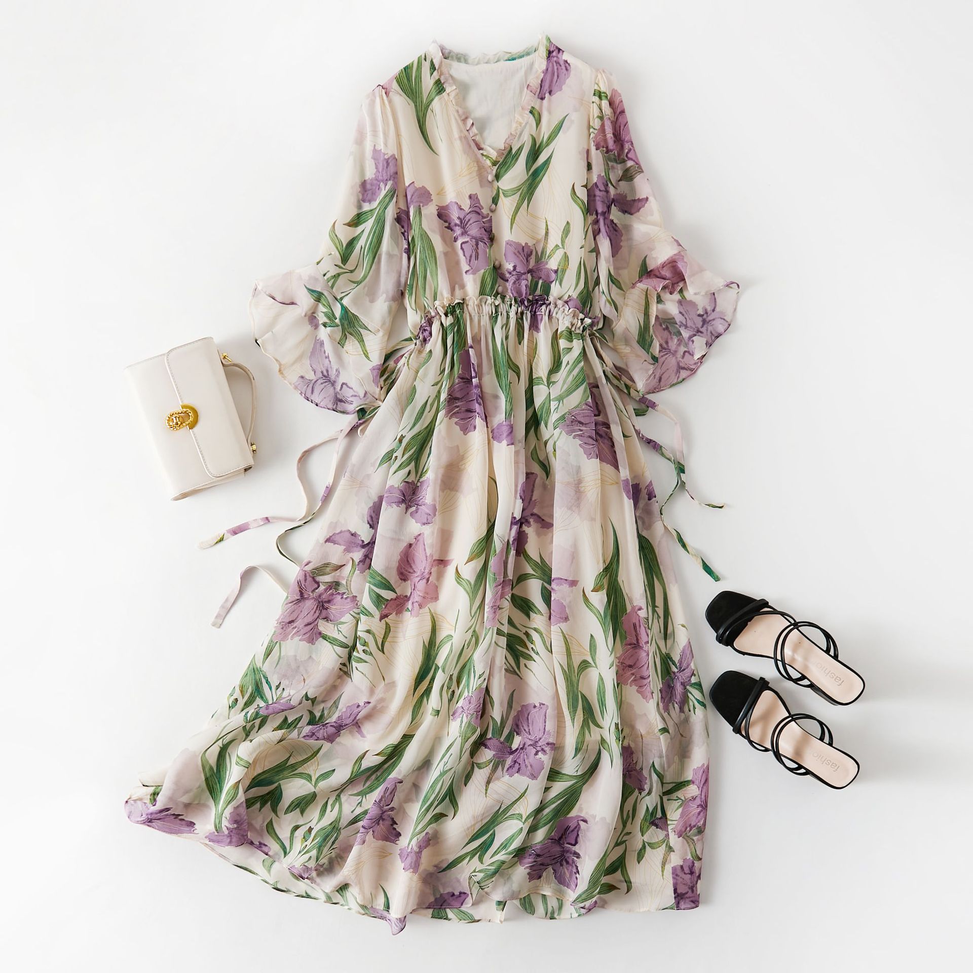 芭碧尔女装夏季新款桑蚕丝连衣裙优雅气质大花透气裙