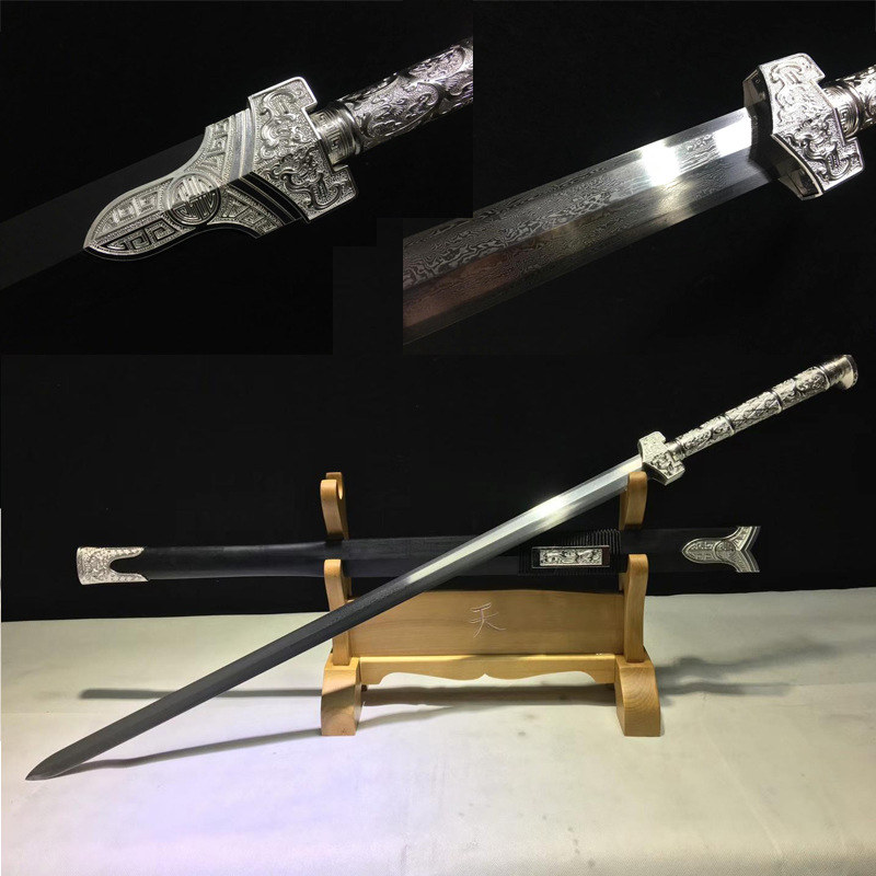 龙泉市刀剑复古摆设百炼花纹钢锻打八面研磨乌木鞘长款汉剑未开刃