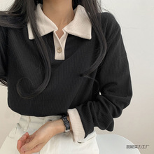 300斤大码微胖妹妹学院风简约打底衫撞色领恤针织坑条休闲蕊妮