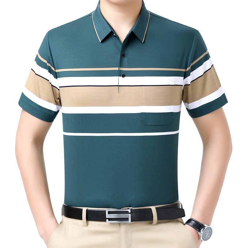 品牌中老年男士t恤夏季桑蚕丝爸爸装薄款短袖男装polo衫条纹半袖