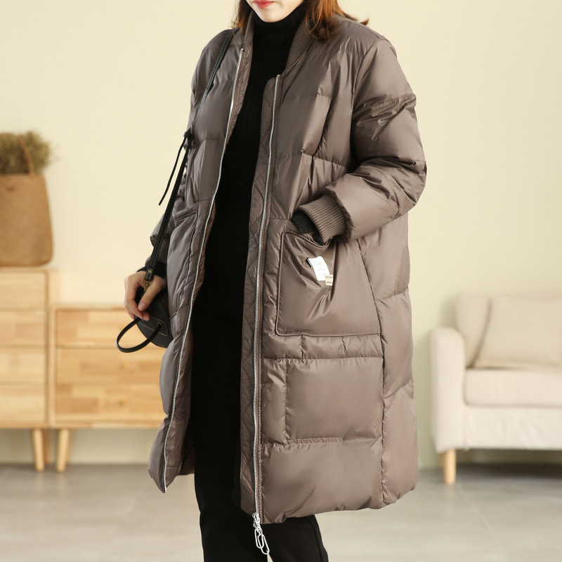 口袋90白鸭绒羽绒服女中长款2021冬装宽松大码加厚棒球服女