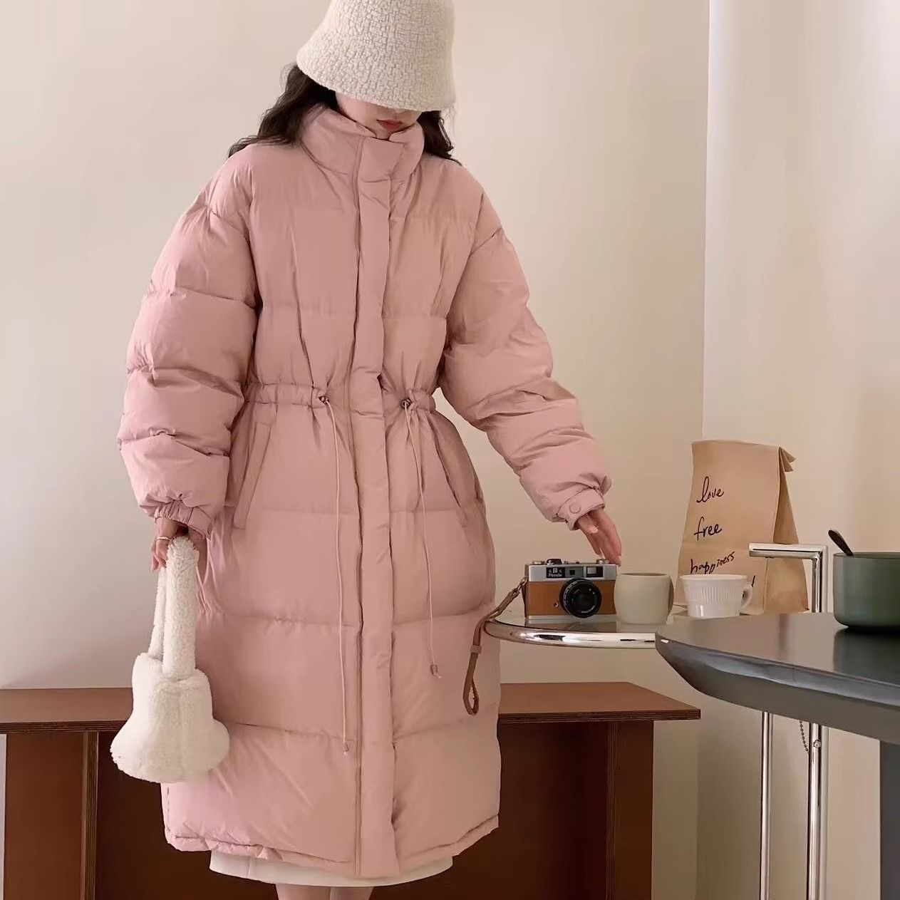 韩国东大门过膝长款大被子羽绒服女2023冬新款收腰抽绳面包服外套