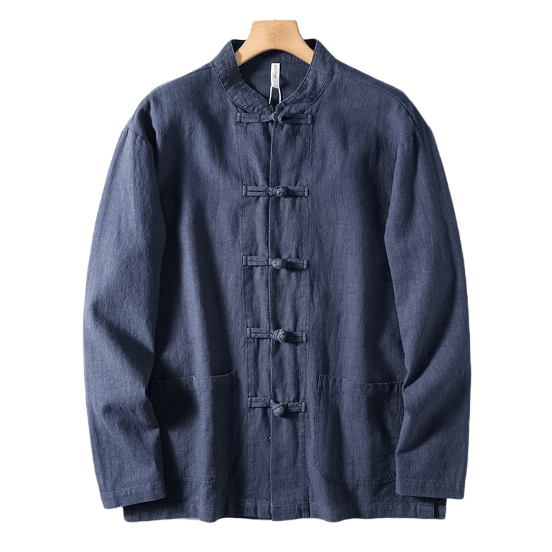 国风苎麻料 手工盘扣 春夏外贸男装透气棉麻立领长袖休闲衬衫