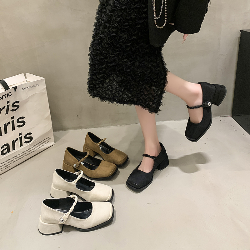粗跟方头绒面黑色玛丽珍单鞋女鞋子2024新款春秋冬法式韩版晚晚鞋