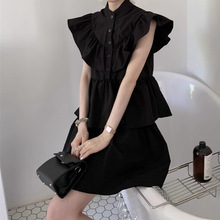 日系小个子法式气质黑色连衣裙女2024年夏季新款显瘦荷叶边蛋糕裙