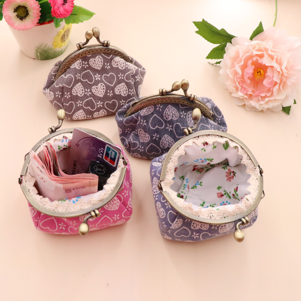成品 手工零钱包布艺女士钱包钥匙包收纳 印花爱心卡包手拿