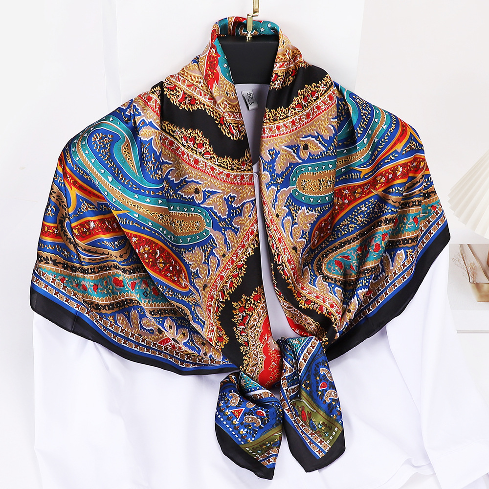 Retro Cashew Silk-like Printed Scarf for Women Summer Thin Brocade Satin 110 Large Kerchief All-Match Sun Protection Talma