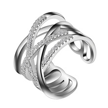 日韩银戒指女款 镶钻双层玫瑰金网线条简约开口指环 厂家一件代发