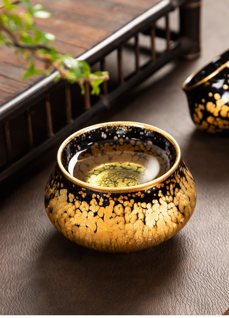 建阳手作24k金油滴佛肚建盏茶杯主人杯 家用茶盏金杯子伴手礼盒装
