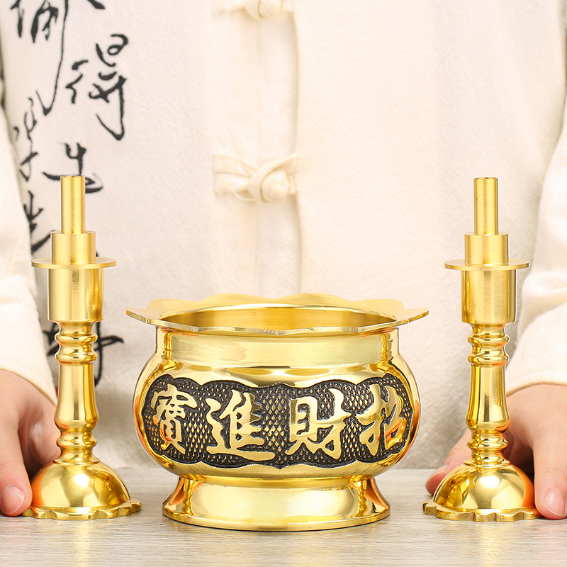 w3tk黄铜香炉上香家用纯室内供神蜡烛台座上供套装供佛烛台三件套