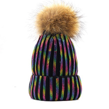 外贸原单成人女士秋冬季卷边保暖彩色钻条高顶条纹缎档帽子针织帽