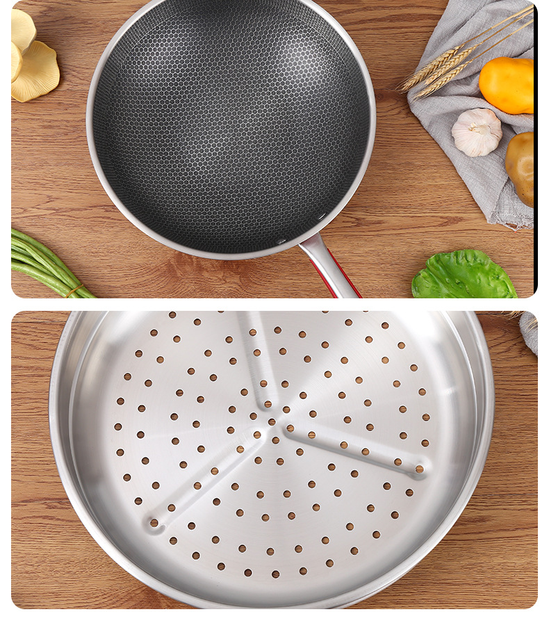 康尼菲不锈钢炒锅微油烟单面蜂窝不粘锅带蒸笼电磁煤气通用炒菜锅