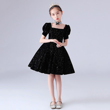 女童礼服2024新款黑色泡泡袖生日公主裙小女孩钢琴演出服厂家货源