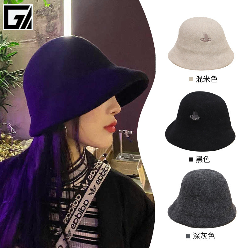 bucket hat autumn and winter hat female queen mother saturn embroidery pure wool bucket hat hyuna same style all-matching basin hat