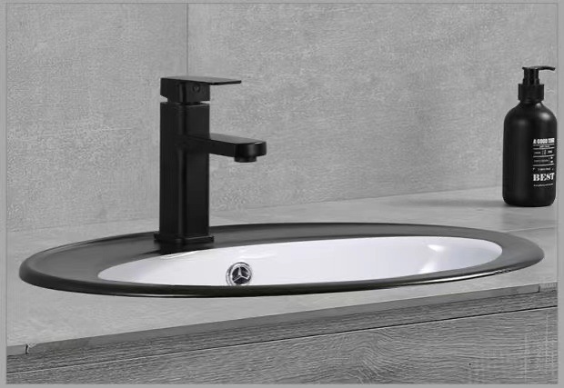台中盆陶瓷一体黑边半嵌入式洗脸盆洗手盆台上盆椭圆形艺术