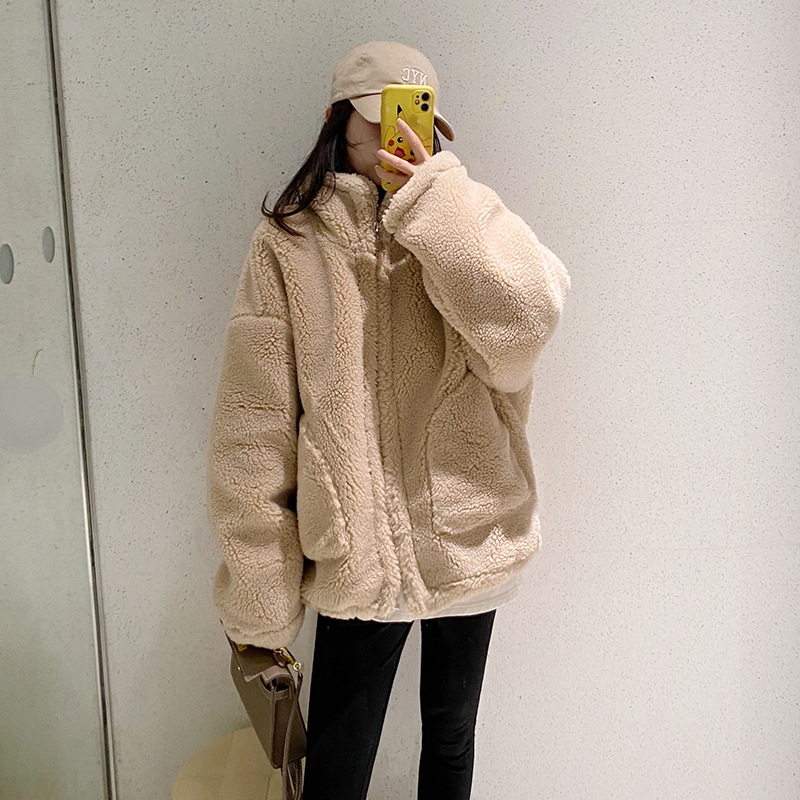 you/大颗粒羊羔毛外套女冬短款拉链立领宽松上衣 新款-阿里巴巴