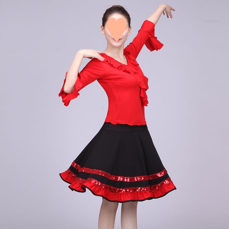 广场舞服装新款跳舞套装短裙中老年成人舞蹈裙红色上衣女夏装套裙