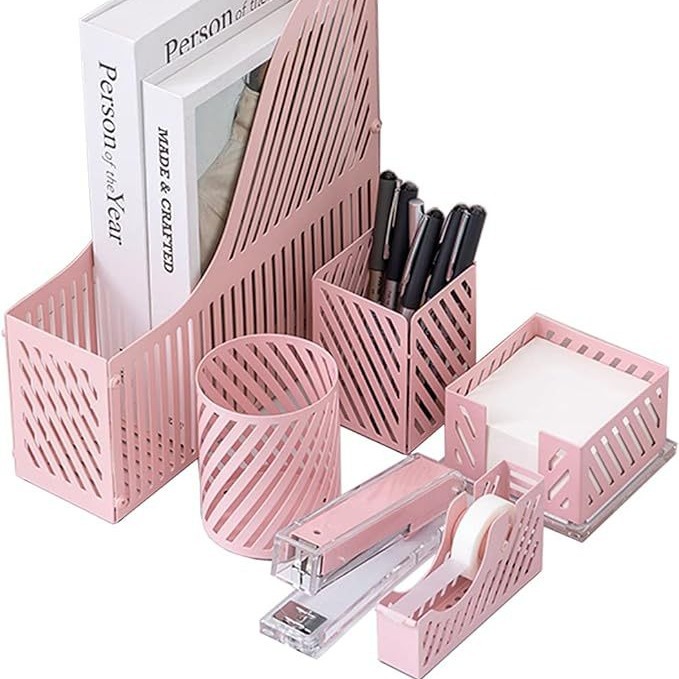 Cross-Border Direct Supply Pink Desktop File Storage Set File Holder Note Holder Pen Cup Pencil Holder Stapler Set