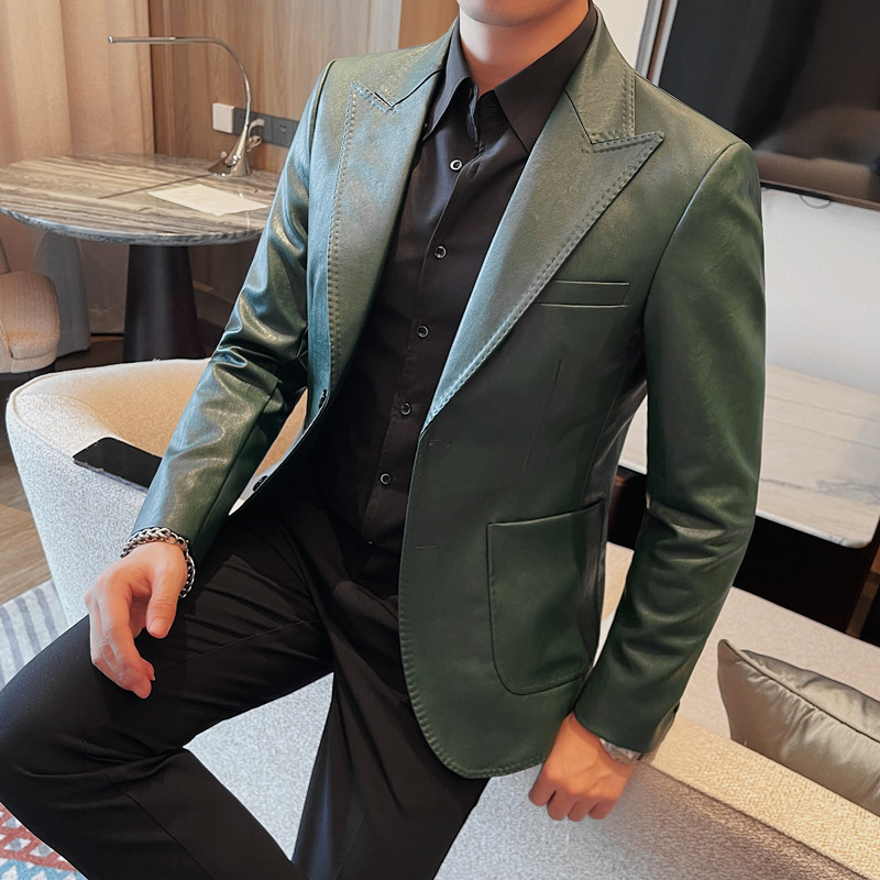 外贸批发皮衣男士秋冬新款纯色皮外套 单排两粒扣皮西装珠边西服