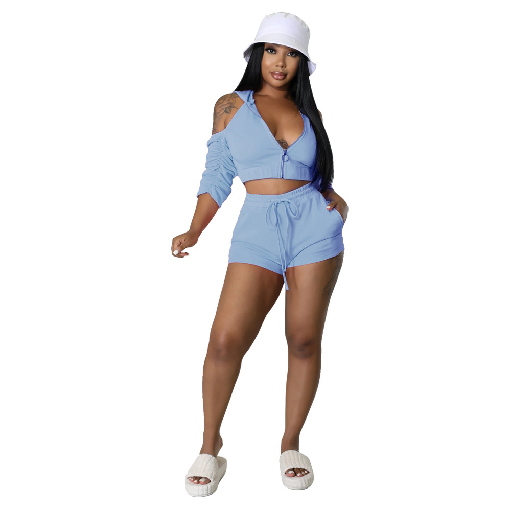 Cross-Border European and American Amazon Solid Color Summer Hoodie Popular Drawstring Shorts Commuter Two-Piece Set