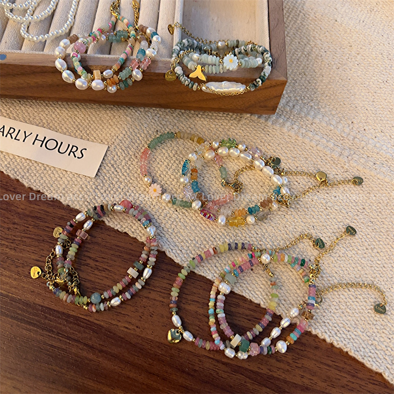 Korean Color Korean Style Crystal String Beads Freshwater Pearl Bracelet Sweet Summer Flower Titanium Steel Bracelet Women